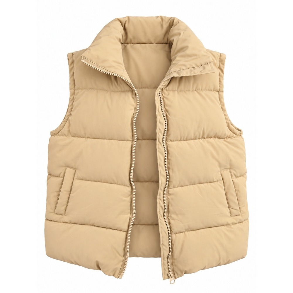 Women's Beige Puffer Vest Size Medium Quilted Zip Up High Collar